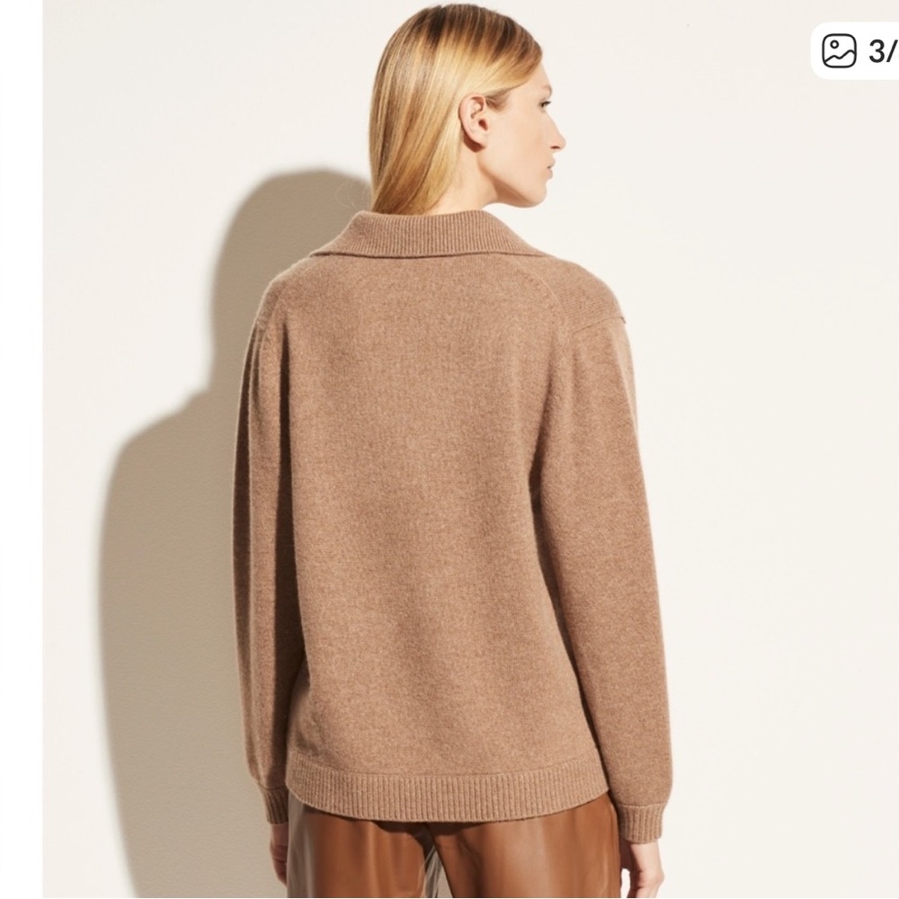 VINCE Women’s Wool Cashmere Open Neck Polo Sweater in Heather Chestnut - Picture 2 of 8